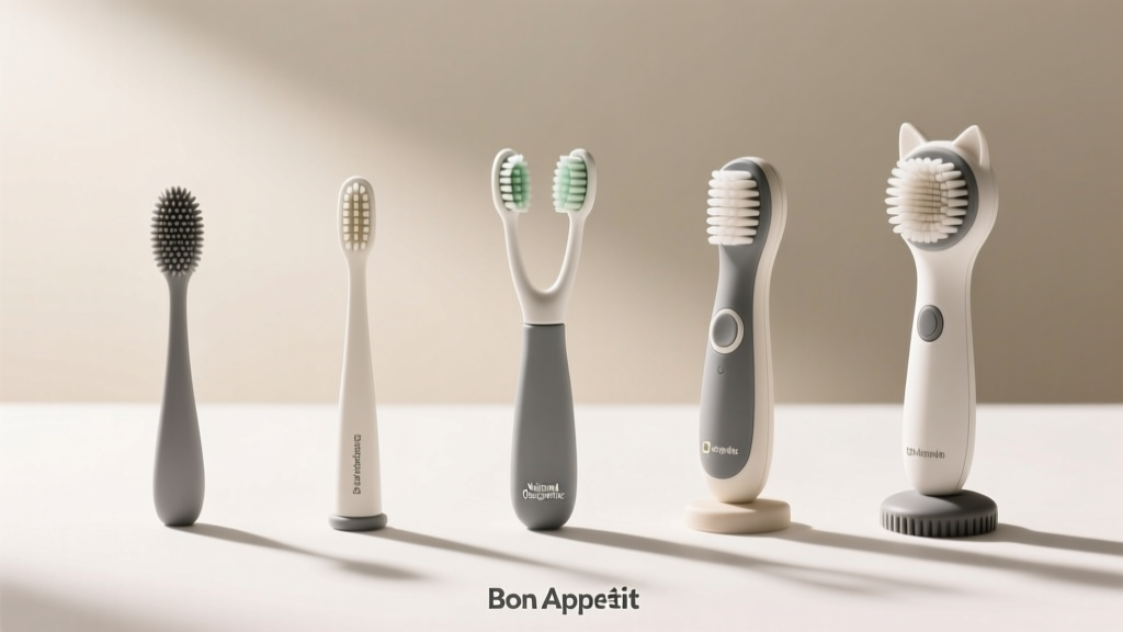 Side-by-side comparison of five different cat toothbrush types laid out on a clean white surface