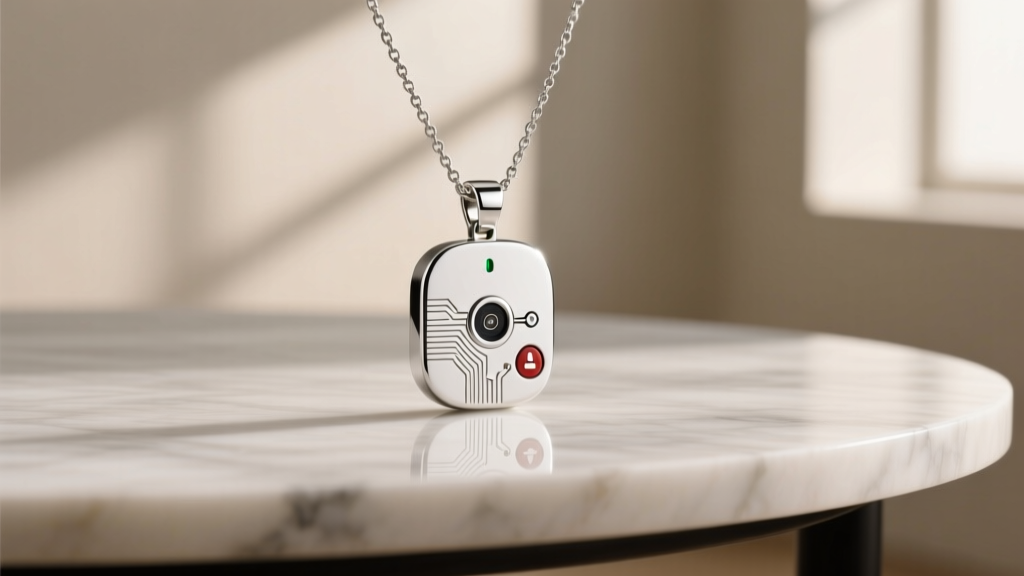 A sleek silver pendant necklace that doubles as a hidden GPS tracker and emergency SOS panic button resting on a table.