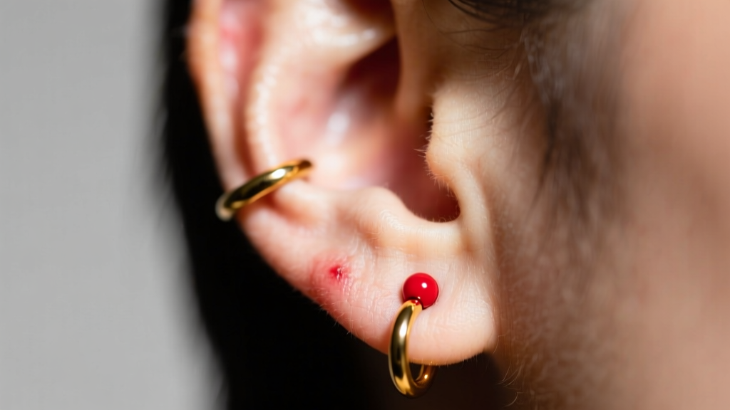 Macro shot of an irritated ear cartilage piercing with a small red bump near a 16-gauge gold hoop under bright clinical lighting.