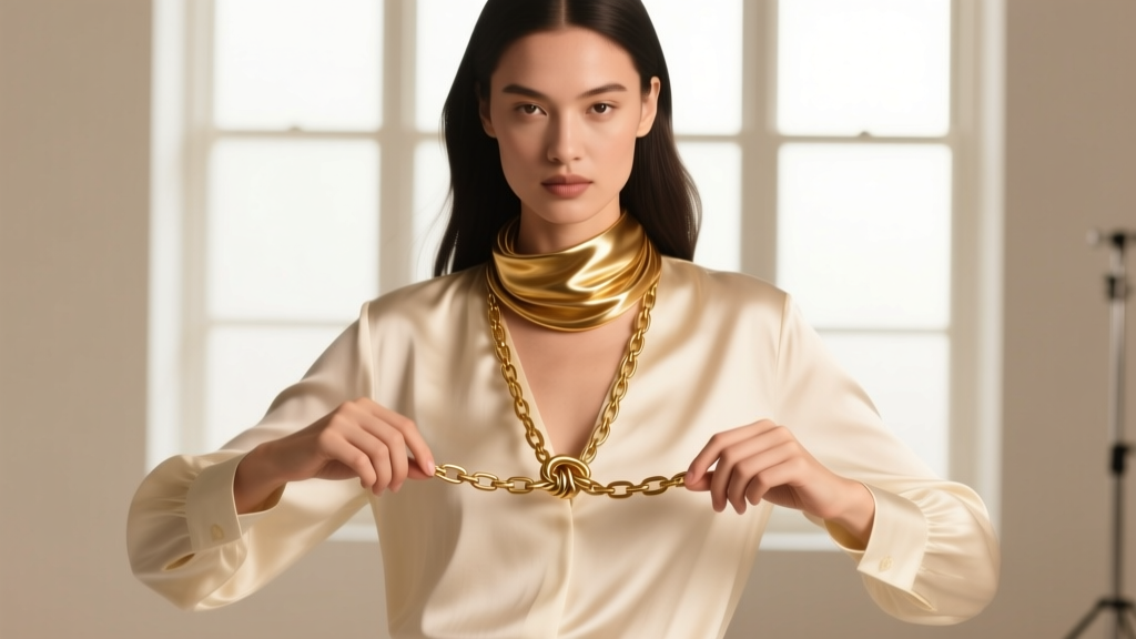 Model wearing a long gold wrap necklace over a cream silk blouse, demonstrating a loose double-loop knot styling technique.