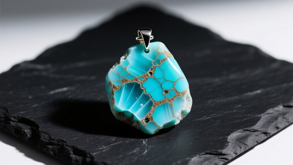 Macro photography of a raw turquoise stone necklace pendant showing natural matrix veining, resting on a dark slate surface