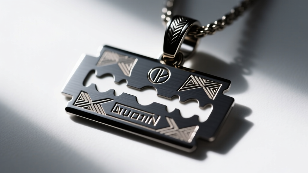 Macro shot of a luxury razor blade pendant showing precise laser engraving on a dark ruthenium-plated zinc alloy metal base.