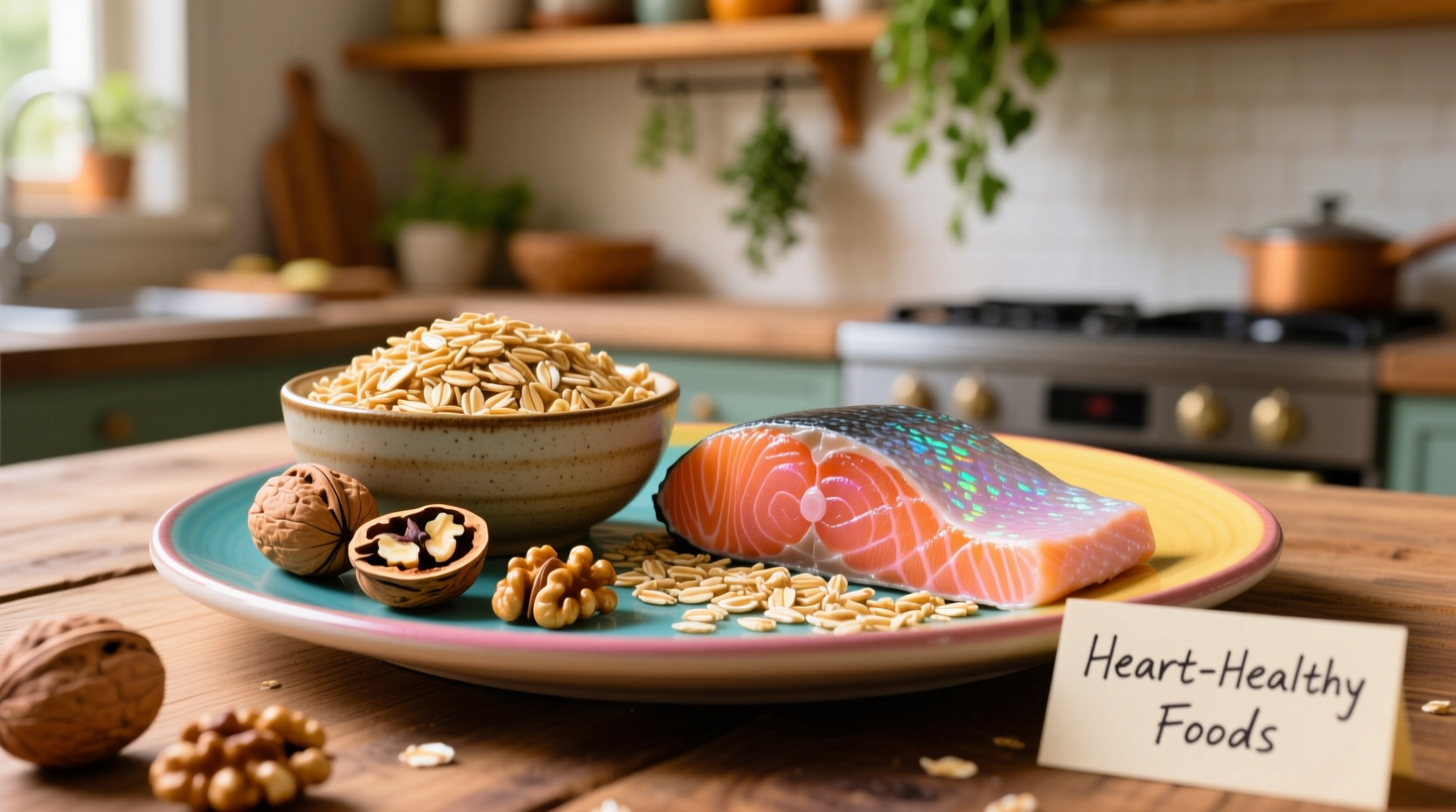 Farbenfeste Schüssel mit cholesterinsenkenden Lebensmitteln wie Hafer, Lachs und Walnüssen