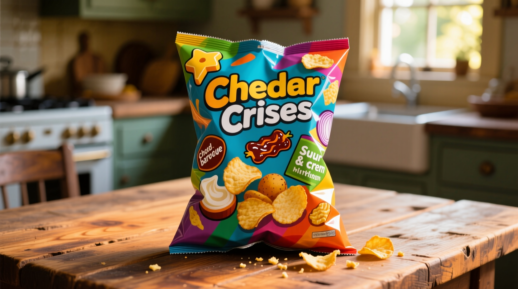 Colorful bag of all dressed potato chips on wooden table