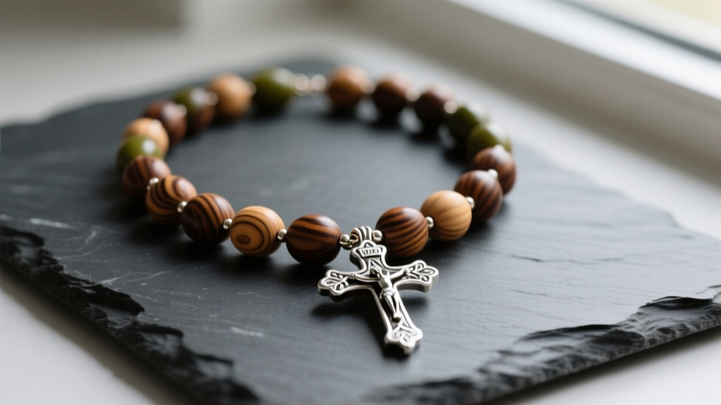 Olive wood rosary necklace on dark slate, highlighting natural wood grain and a detailed sterling silver crucifix centerpiece.