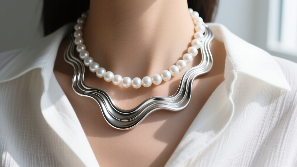 A layered jewelry stack featuring a thick 14-gauge silver wave necklace paired with a delicate pearl choker on a linen blouse.