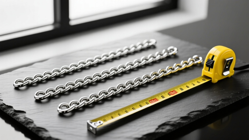 Flat lay of three silver chains at 40cm, 50cm, and 60cm, arranged side-by-side on dark slate next to a yellow measuring tape.