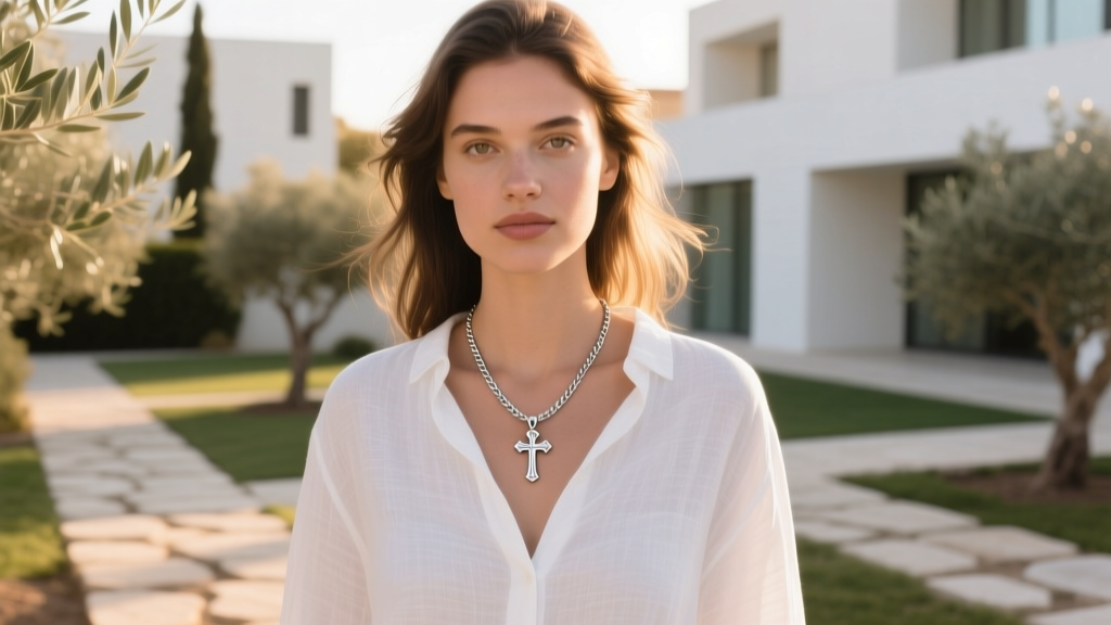 Young woman wearing a delicate sterling silver St Christopher necklace with a cable chain over a white linen shirt outdoors.