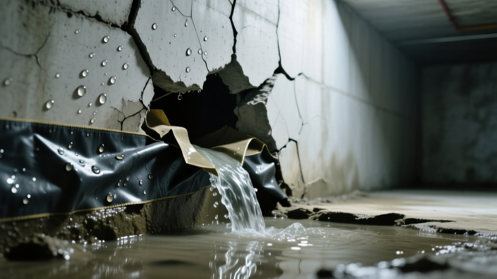 Close-up of a breached below-grade concrete foundation wall revealing a failing bentonite waterproofing membrane and active water intrusion.