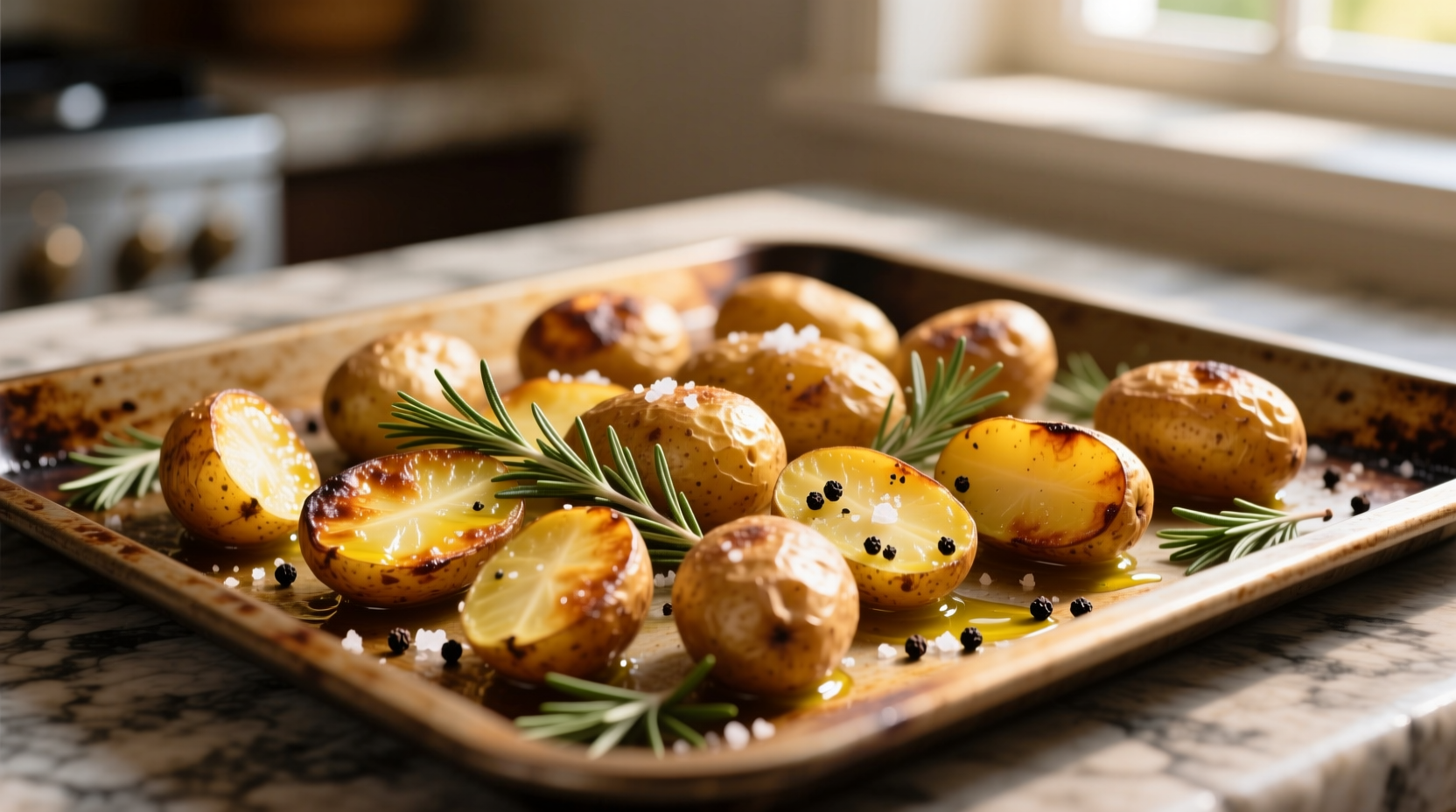 Golden roasted fingerling potatoes on baking sheet