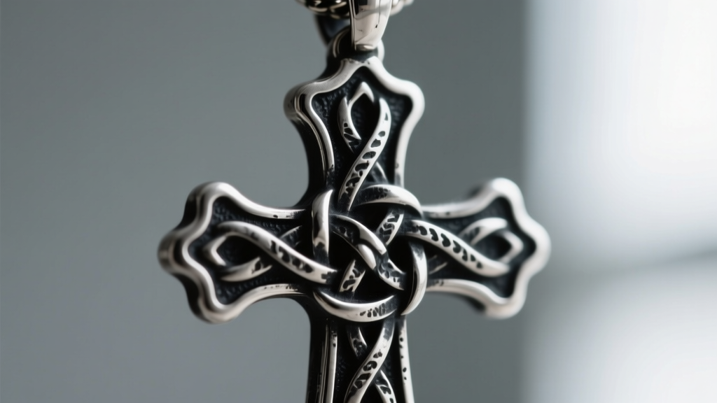 Macro photography of an oxidized sterling silver tau cross pendant showing intentional black patina in carved Franciscan knots.