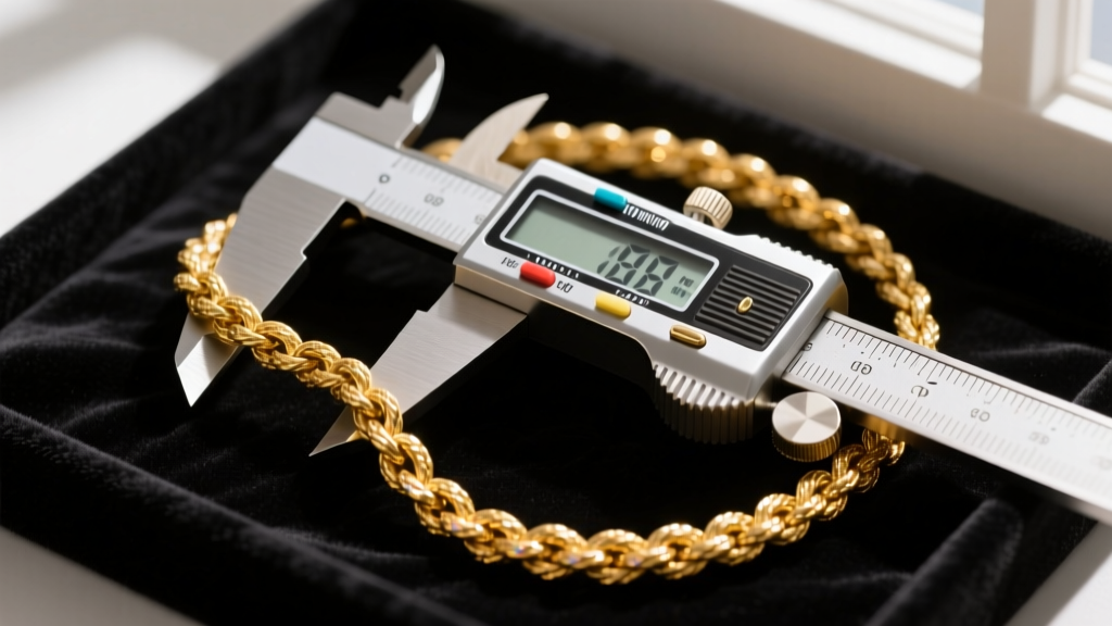Top-down view of a digital caliper measuring the link width of a tarnished 18k yellow gold rope chain on a dark velvet pad