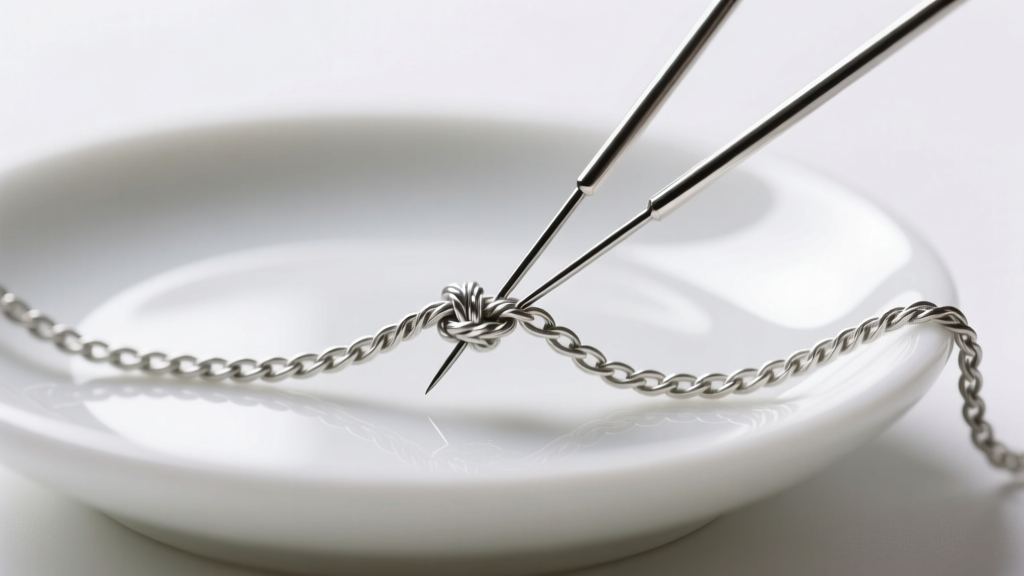 Two steel sewing needles gently prying apart a micro-knot on a delicate silver rope chain resting over a clean white ceramic dish