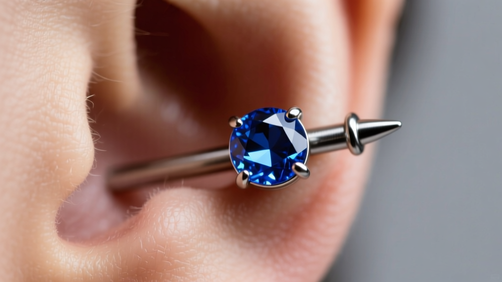 Close-up of a tragus piercing with a 16-gauge titanium flat back labret and bezel-set sapphire gem under bright studio lighting