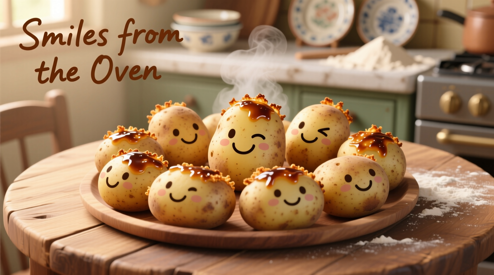 Freshly baked potato smiles arranged in a cheerful pattern