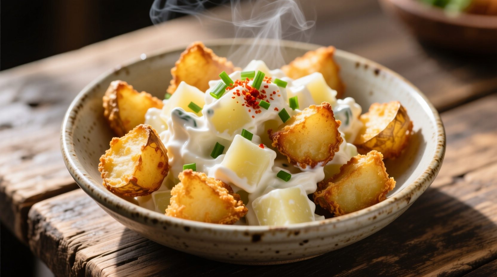 Crispy fried potato chunks mixed with creamy potato salad