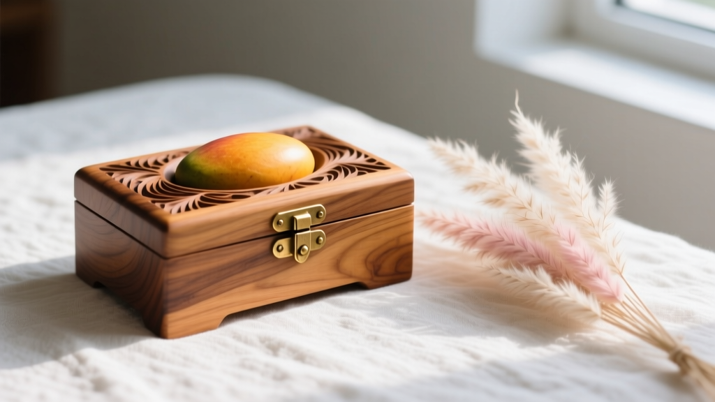 Close-up of a hand-carved mango wood jewelry box with brass hinges on linen, next to a small bundle of dried pampas grass.