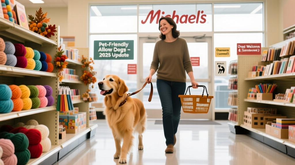 A friendly, leashed dog walking beside their owner inside a Michaels store, browsing craft supplies