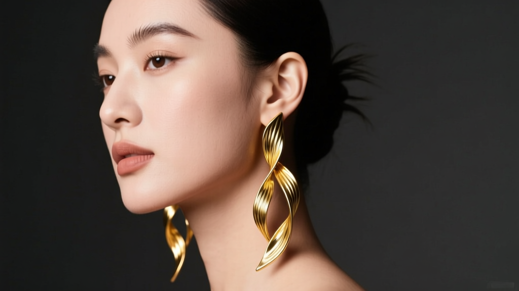 Model wearing asymmetrical 18k yellow gold ribbon drop earrings with fluid texture, studio lit against dark charcoal.