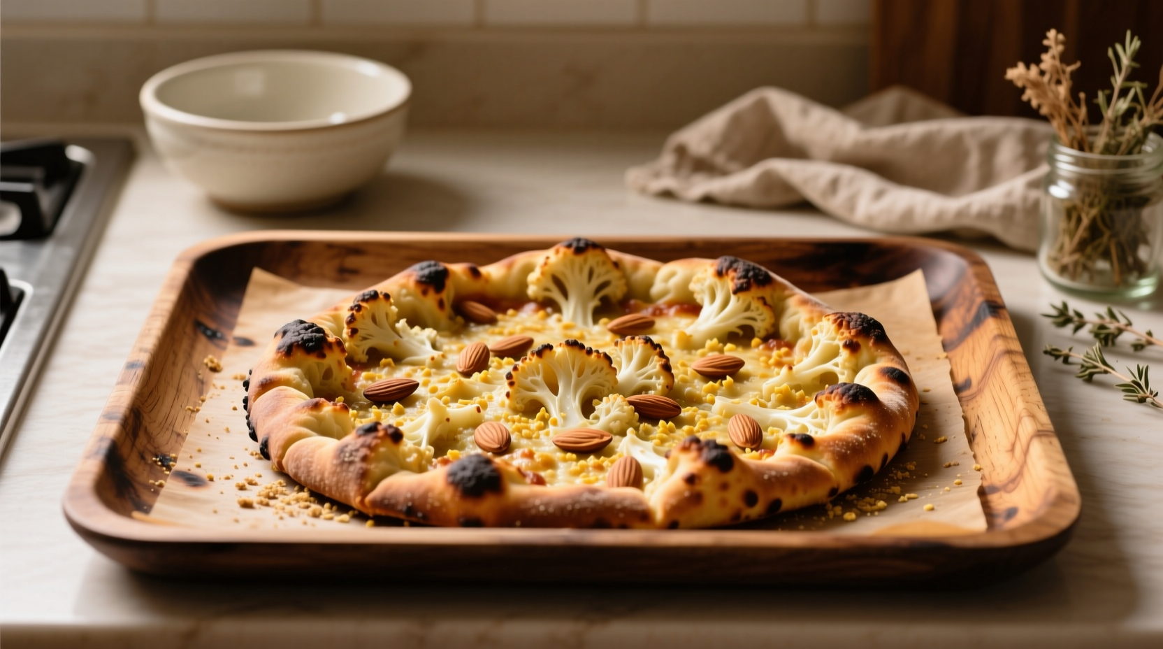 Golden brown vegan cauliflower pizza crust on baking sheet