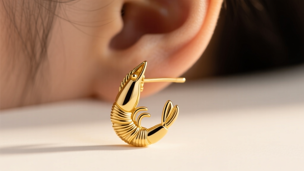 Close-up of a curved, ribbed 14k yellow gold shrimp earring hugging the lower earlobe, bathed in warm, elegant studio lighting.