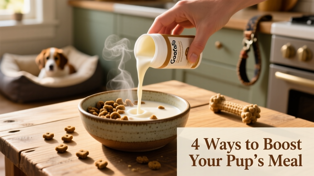 A hand pouring a creamy, off-white probiotic goat’s milk supplement over dry kibble in a ceramic bowl