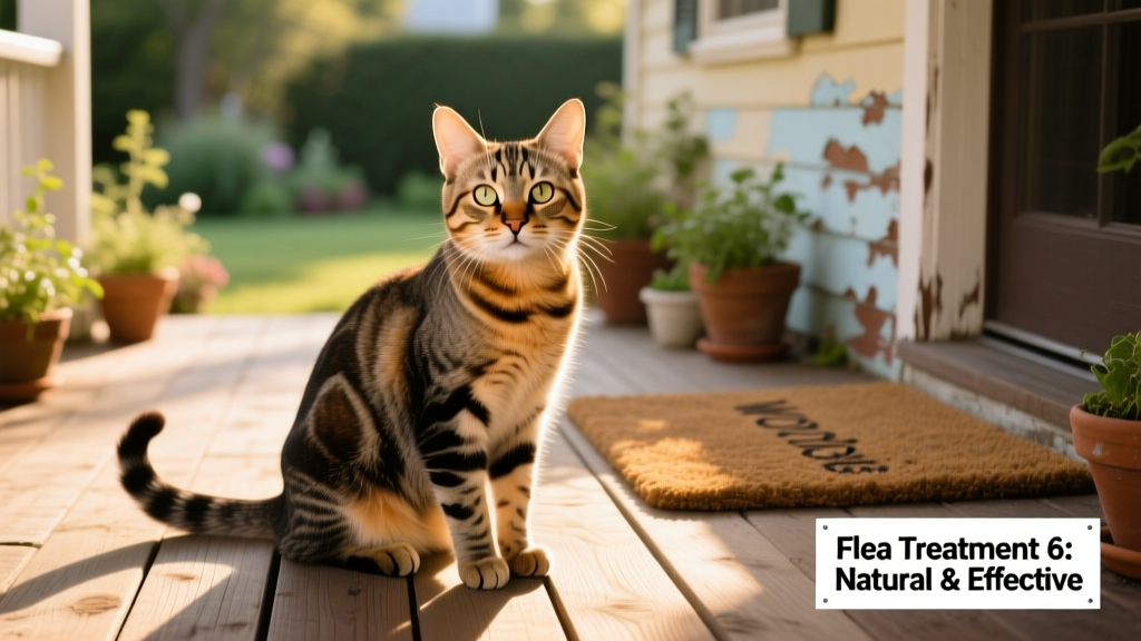 Outdoor cat sitting on a sunlit porch, looking alert and healthy