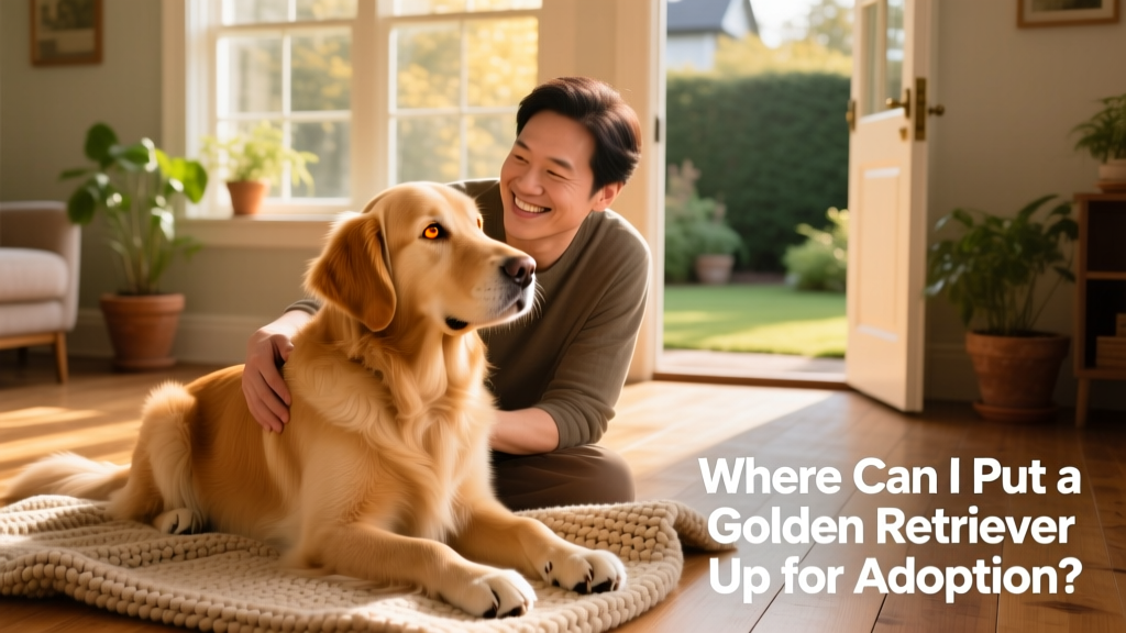 Golden Retriever sitting calmly beside a smiling adult, both making gentle eye contact