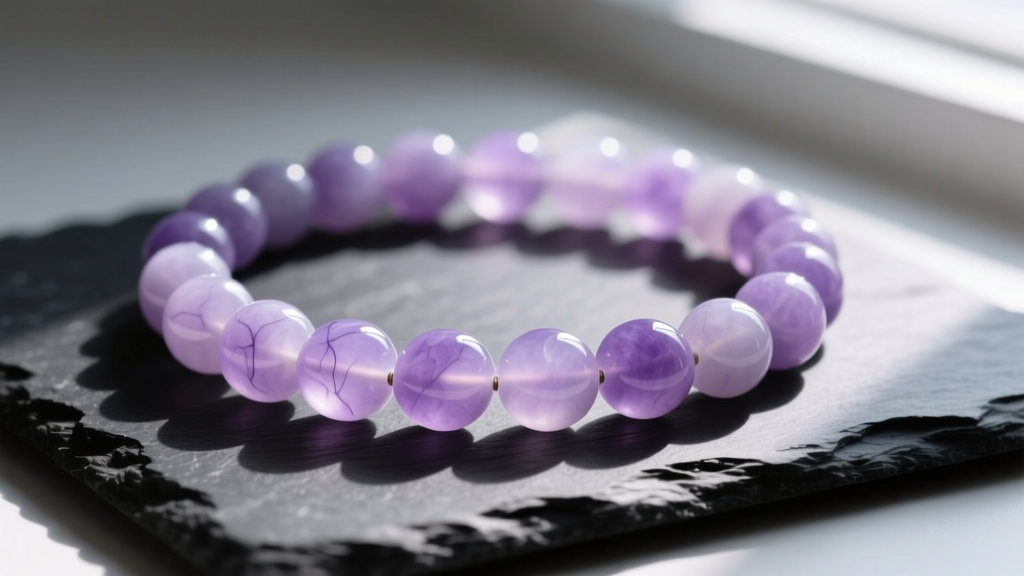 Type A lavender jadeite bead necklace with 10mm semi-translucent round beads resting on dark slate under soft natural daylight