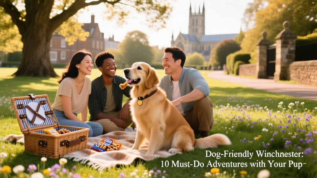 Pet parents and their dog sharing a picnic on a sun-dappled lawn in Winchester.
