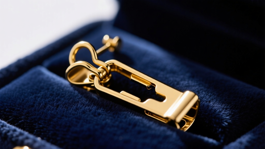 Macro photo of gold clip back earring mechanisms on navy velvet, showing hinge and paddle styles under soft directional lighting.