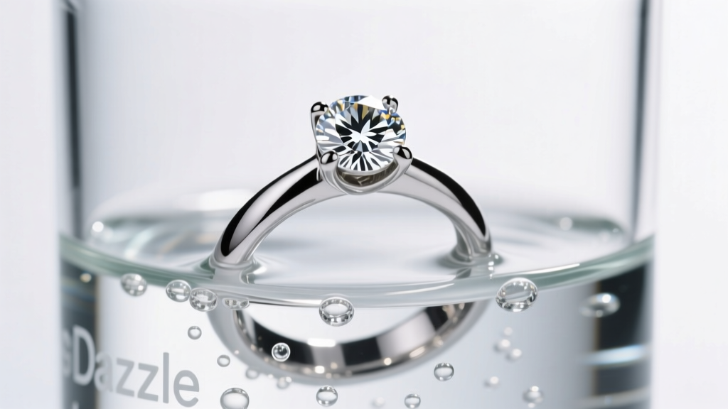 Close-up of a platinum diamond ring soaking in a glass beaker of Dazzle Drops cleaner under crisp, bright studio lighting.