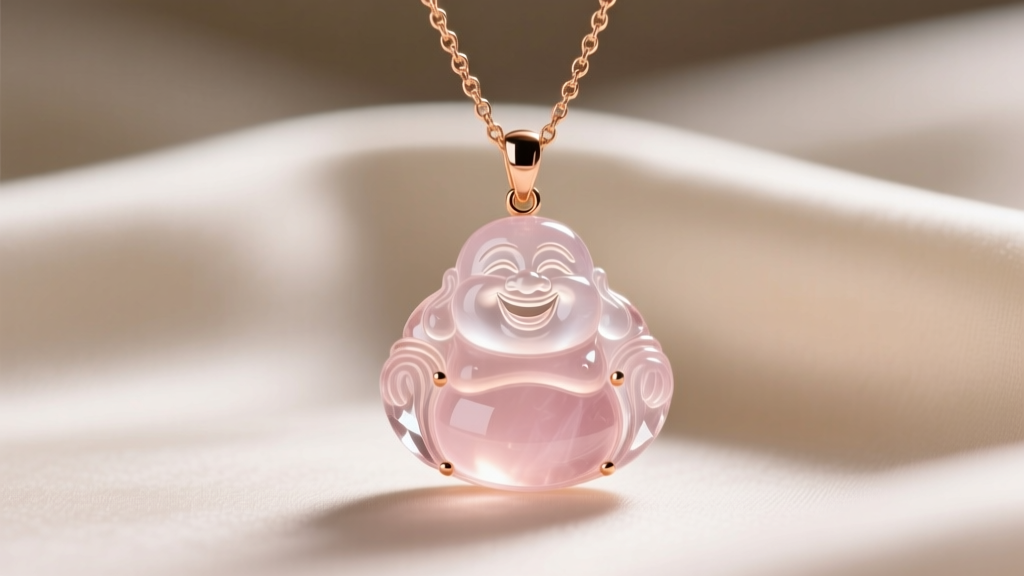 Close-up of a translucent rose quartz laughing Buddha pendant on a delicate 14k rose gold chain against soft silk background.