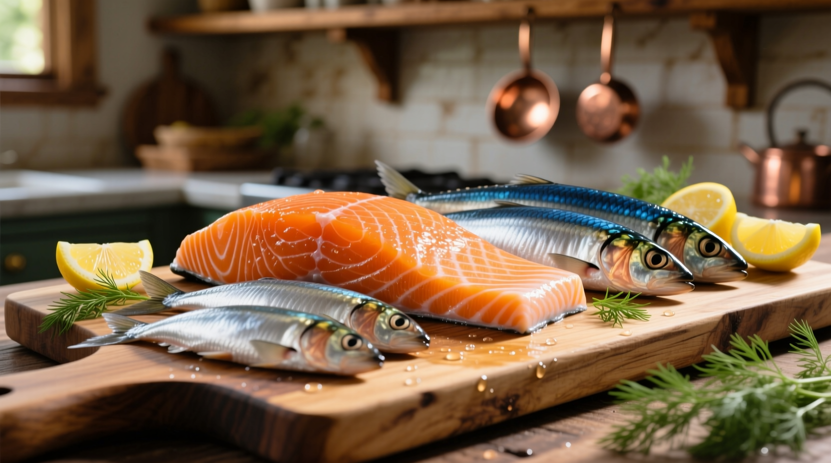 Fresh salmon and sardines on wooden cutting board