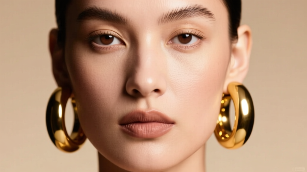 Close-up of a model wearing thick 10-gauge solid gold bangle earrings in the earlobes, studio lighting, neutral background.