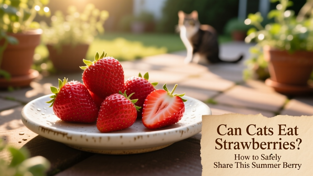 Fresh whole strawberries and a single halved berry beside a ceramic dish