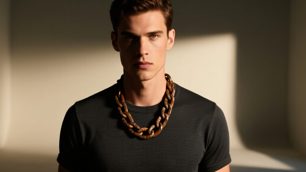 Male model wearing a 4mm oxidized bronze rusted chain necklace over a dark t-shirt in a moody studio with warm lighting