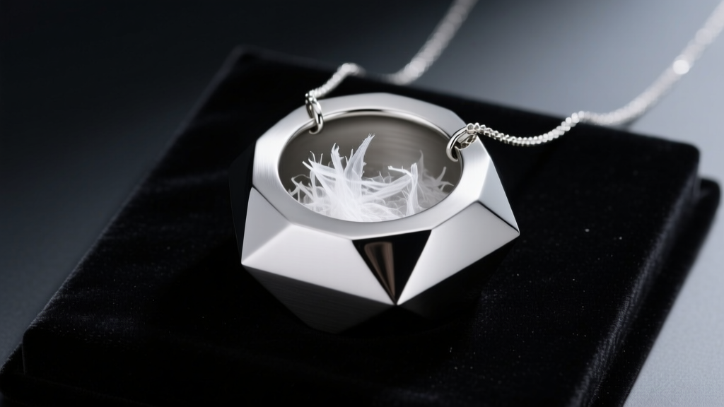 White ashes filling the inner chamber of a polished 316L stainless steel urn necklace resting on a black velvet display pad.