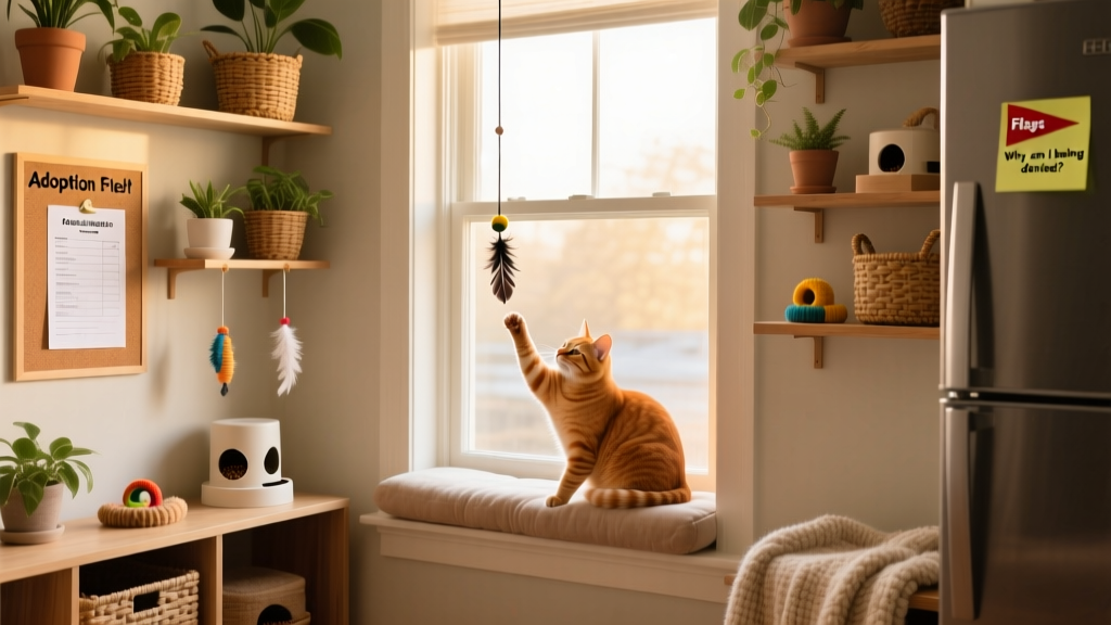 A cozy, cat-friendly apartment setup with wall shelves, a window perch, and interactive toys visible