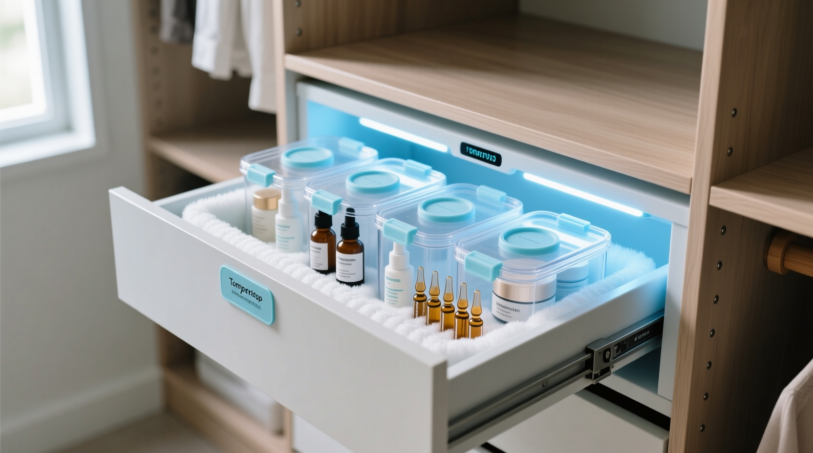 skincare fridge backup in closet drawers