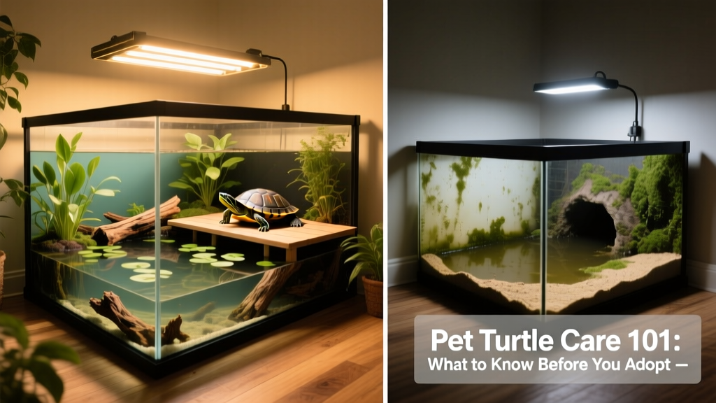 Side-by-side comparison showing a properly sized, enriched turtle habitat versus a cramped, bare-bones setup with poor lighting and dirty water