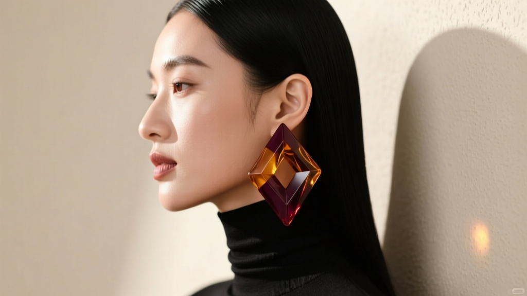 Side profile of a model wearing a heavy vintage resin earring, styled with a minimalist black turtleneck and slicked-back hair