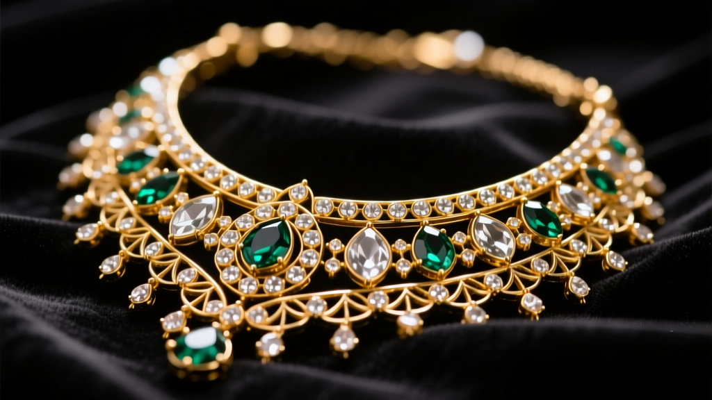 Macro shot of a traditional Pakistan necklace with Kundan glass inlays and 22-karat gold foil resting on dark velvet fabric.