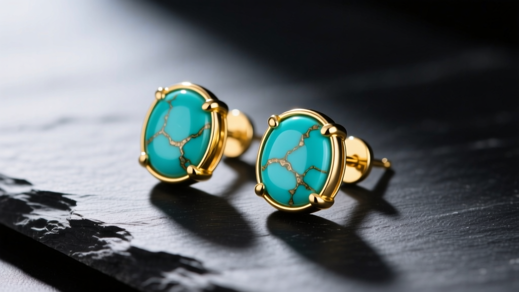 Close-up of 14k yellow gold bezel-set Sleeping Beauty turquoise stud earrings resting on dark slate with soft directional lighting