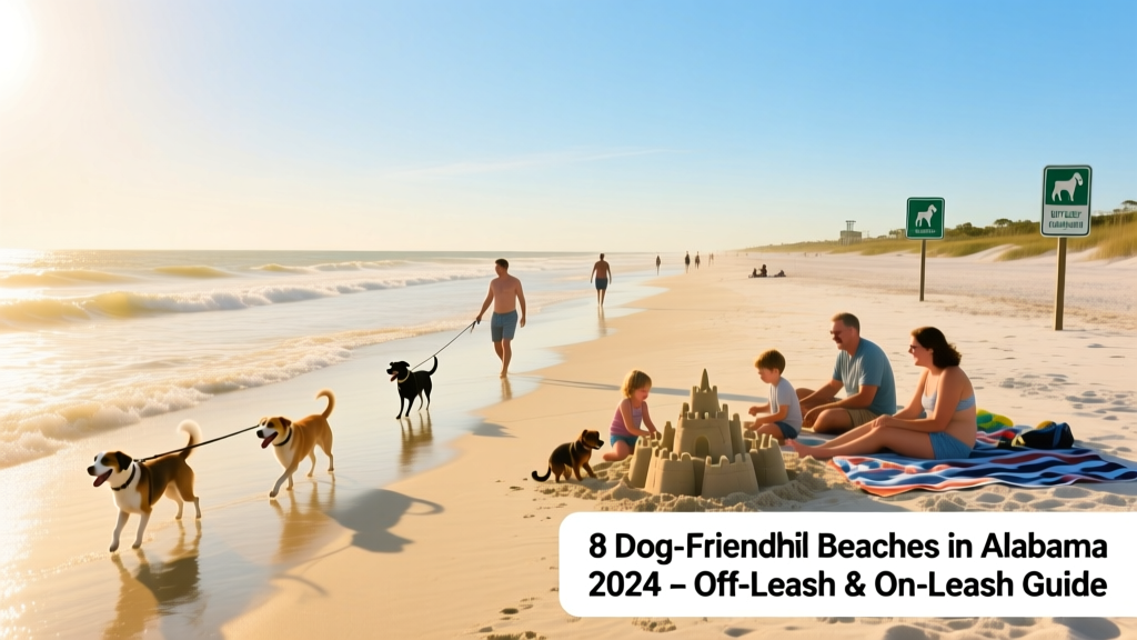 A sunny, wide-angle view of Dauphin Island Public Beach with gentle waves, a few dogs on leashes walking near the waterline, and families enjoying the shore