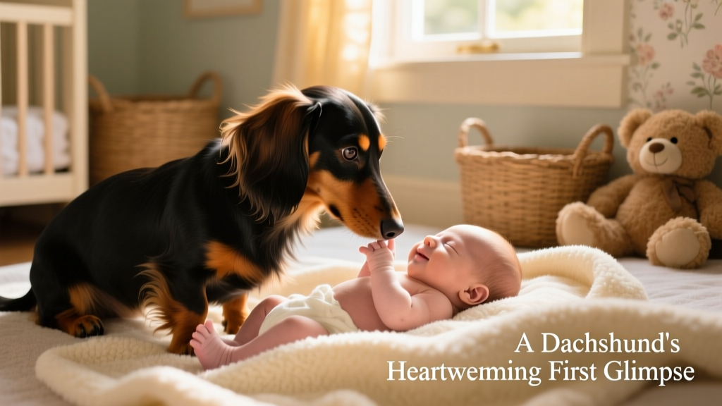 Black and brown long-haired dachshund gently sniffing a newborn baby lying on a soft blanket