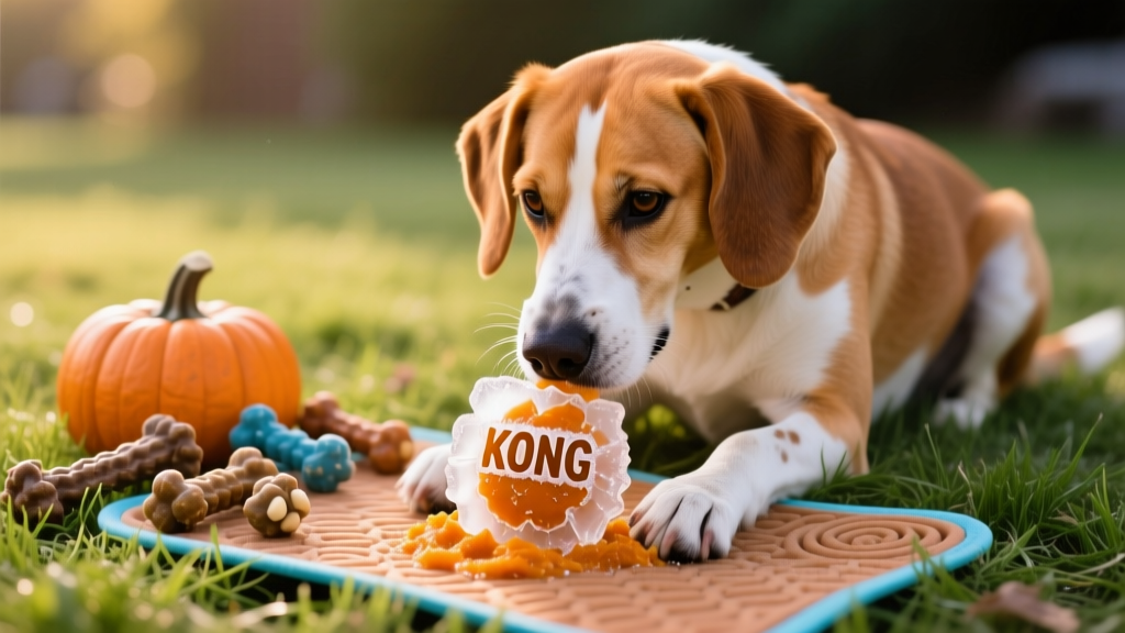 A calm dog engaged with a frozen KONG toy filled with pumpkin puree, sitting beside chew toys and a lick mat