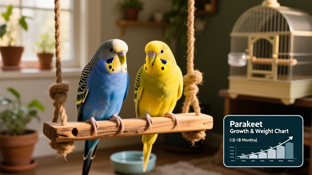 Two adult parakeets—one blue, one yellow—perched side by side on a natural wood swing, looking alert and well-groomed