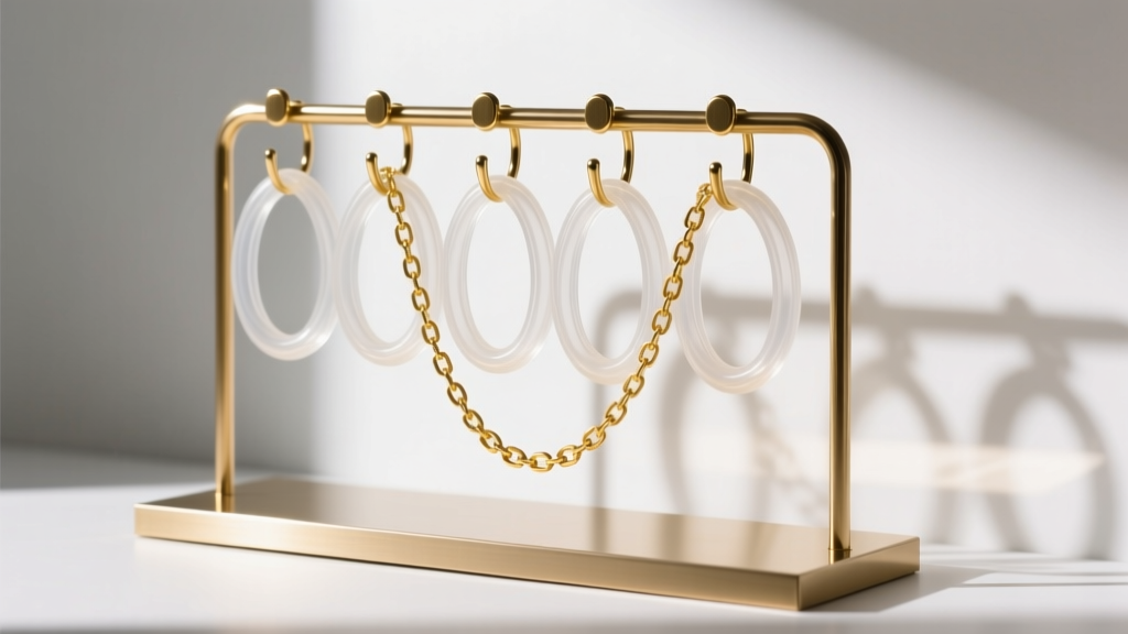 Clear silicone tubing on small brass hooks of a display stand, preventing delicate gold chains from slipping off the metal edges.