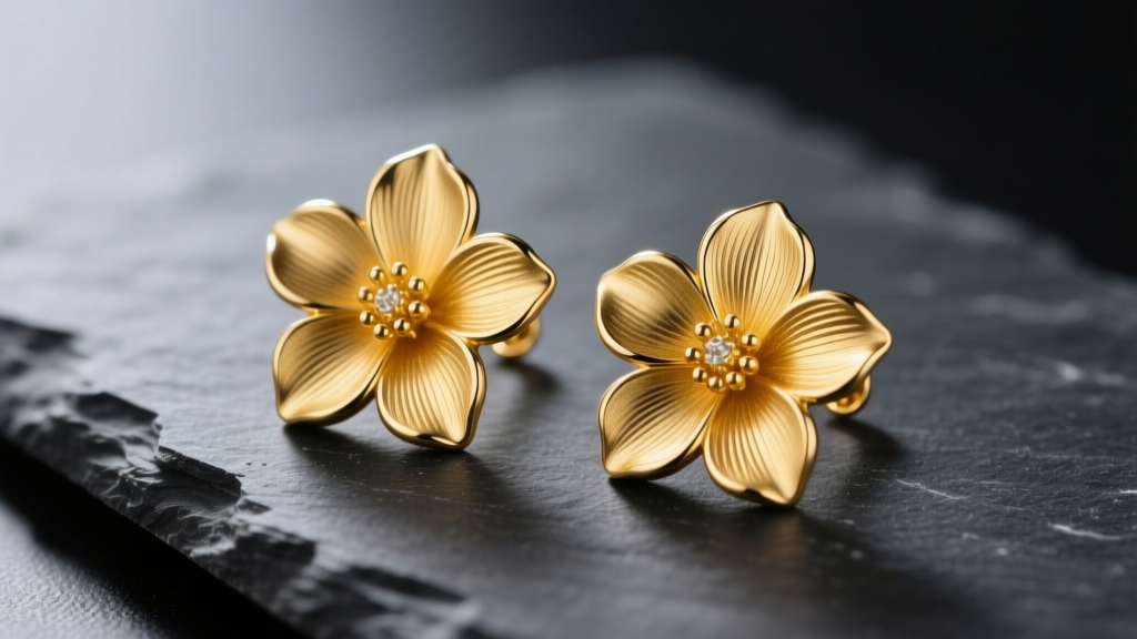 Macro shot of 18k yellow gold flower petal earrings with brushed matte finishes resting on dark slate under soft studio lighting